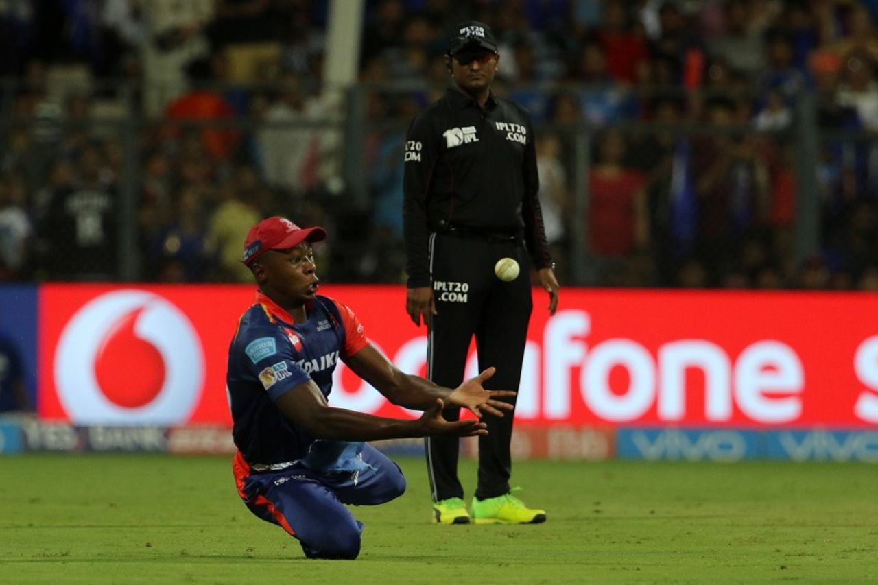Kagiso Rabada dropped Mitchell Johnson off the last ball of the first innings, Mumbai Indians v Delhi Daredevils, IPL, Mumbai, April 22, 2017