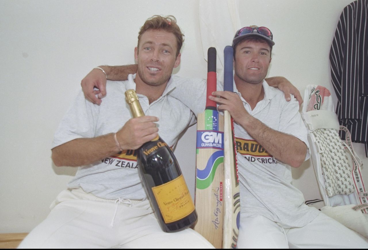 Danny Morrison and Nathan Astle savour a hard-earned draw, New Zealand v England, 1st Test, Auckland, 5th day, January 28, 1997