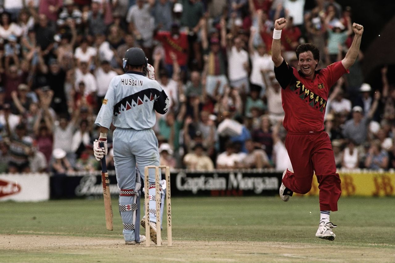 Eddo Brandes celebrates Nasser Hussain's wicket, Zimbabwe v England, Harare, January 3, 1997