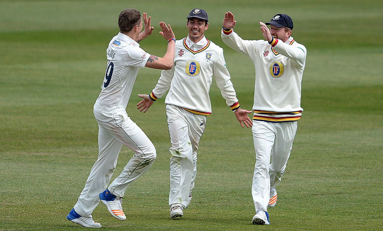 Brydon Carse celebrates the wicket of George Hankins, Gloucestershire v Durham, County Championship, Division Two, Bristol, 4th day, April 24, 2017