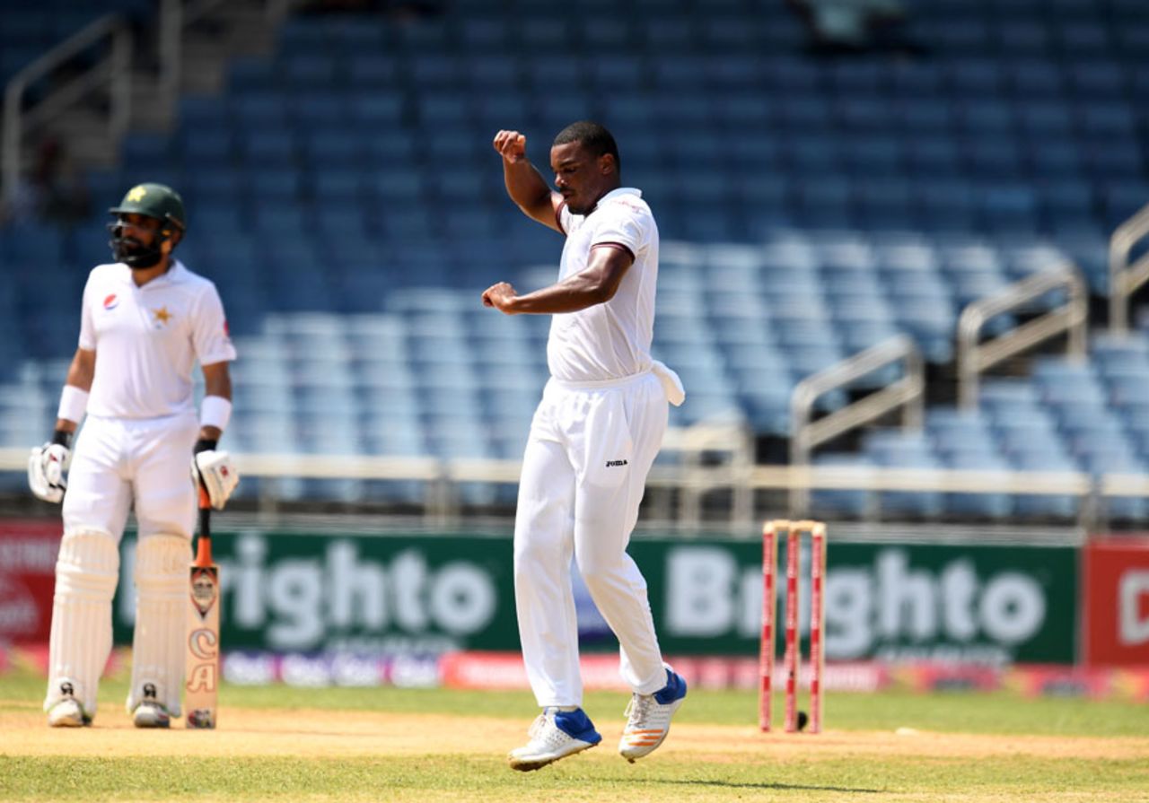 Shannon Gabriel broke through with the wicket of Asad Shafiq, West Indies v Pakistan, 1st Test, Jamaica, 4th day, April 24, 2017
