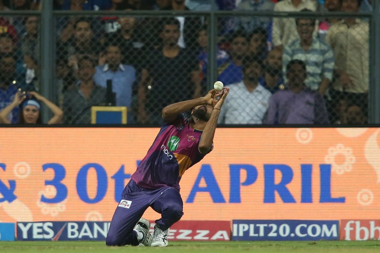 Jaydev Unadkat takes a catch to send back Nitish Rana, Mumbai Indians v Rising Pune Supergiant, IPL 2017, Mumbai, April 24, 2017
