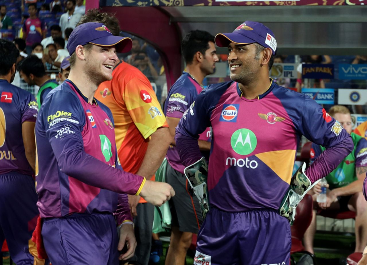 Steven Smith and MS Dhoni share a moment by the dugout,  Kolkata Knight Riders v Rising Pune Supergiant, Indian Premier League 2017, Pune, April 26, 2017