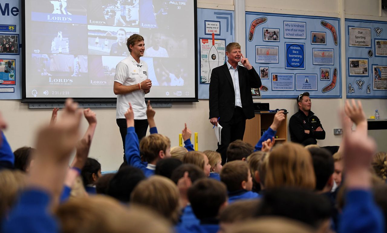 School students ask Joe Root questions at Dore Primary School, Sheffield, April 26, 2017