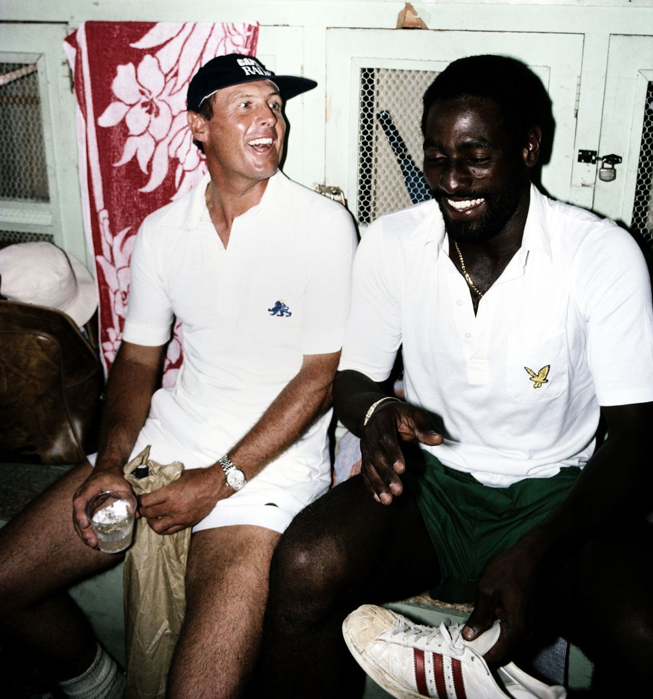Geoff Boycott shares a drink and a laugh with Viv Richards, West Indies v England, 4th Test, Antigua, 5th day, April 1, 1981