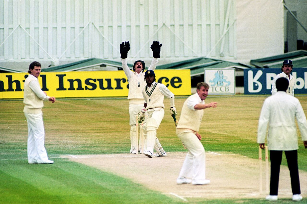 Eddie Hemmings appeals for Sanjay Manjrekar's wicket, England v India, 2nd Test, Old Trafford, 5th day, August 14, 1990