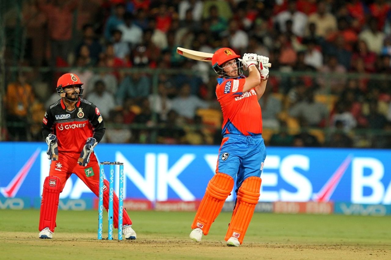 Aaron Finch looks on after smacking the ball for a six, Royal Challengers Bangalore v Gujarat Lions, IPL 2017, Bengaluru, April 27, 2017