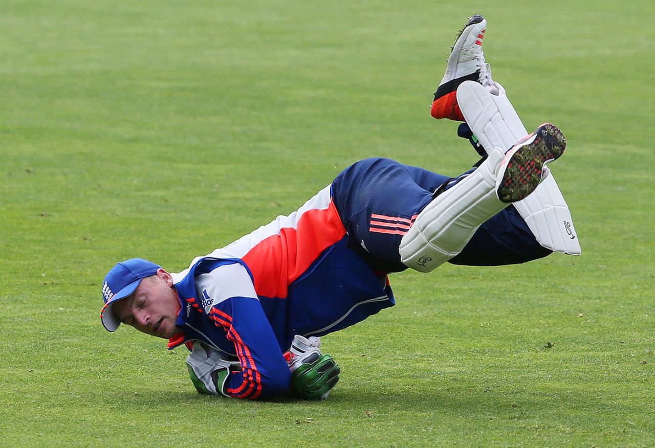 Jos Buttler dives during practice ahead of the match, England v Australia, 1st Investec Ashes Test, Cardiff, July 7, 2015