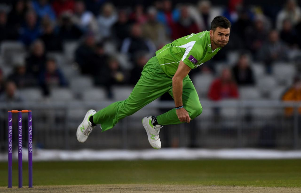 James Anderson in unfamiliar Royal London Cup kit, Lancashire v Leicestershire, Royal London Cup, North Group, Old Trafford, April 28, 2017