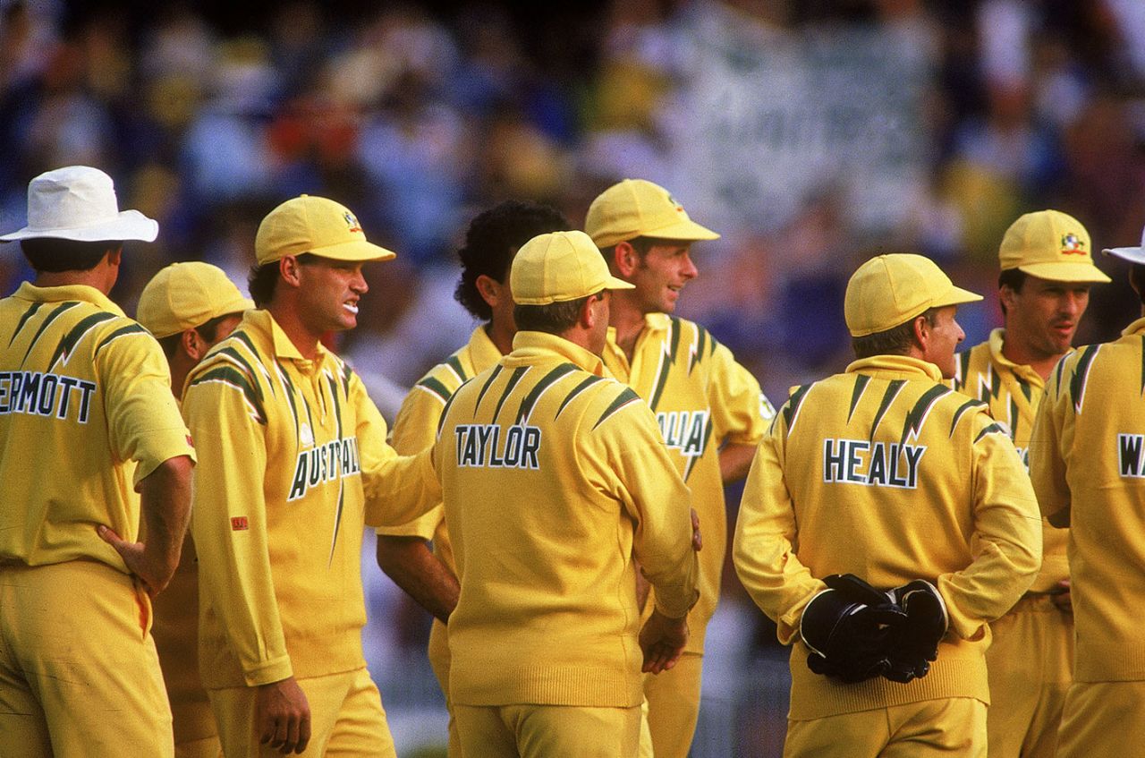 The Australians come together after a wicket, Australia v West Indies, seventh match, Benson & Hedges World Series, Melbourne, December 15, 1992