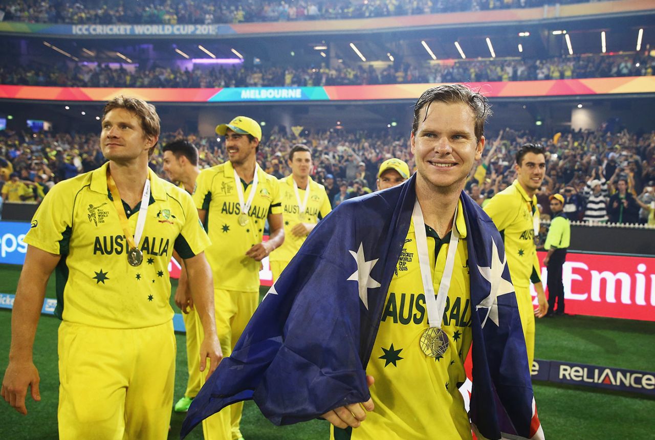 Shane Watson, Mitchell Starc, Steve Smith, Pat Cummins and others celebrate the win, Australia v New Zealand, World Cup final, Melbourne, March 29, 2015
