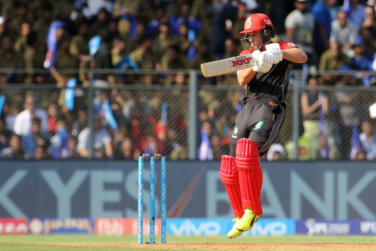 AB de Villiers gets off his feet to cut the ball, Mumbai Indians v Royal Challengers Bangalore, IPL 2017, Mumbai, May 1, 2017