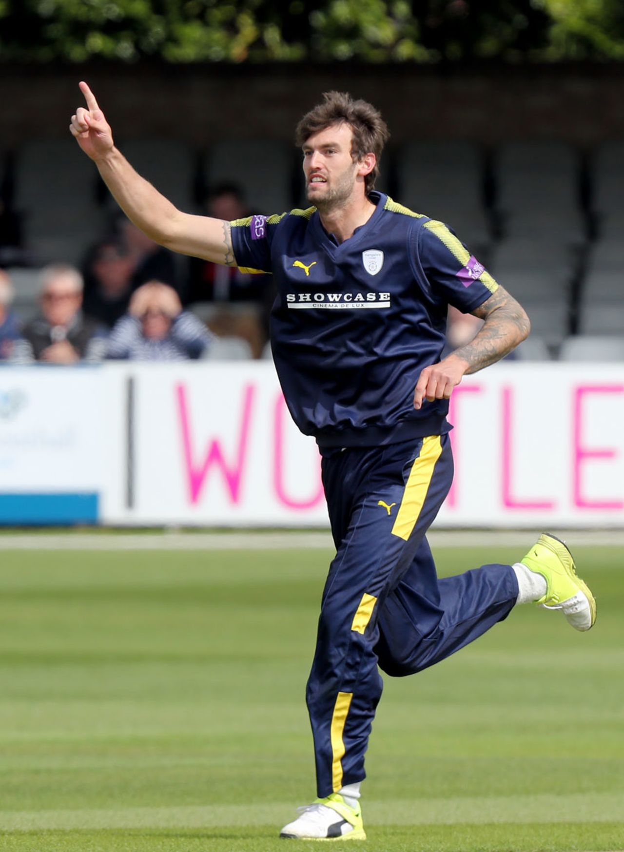 Reece Topley celebrates a wicket against his former county, Essex v Hampshire, Royal London Cup, South Group, Chelmsford, April 30, 2017