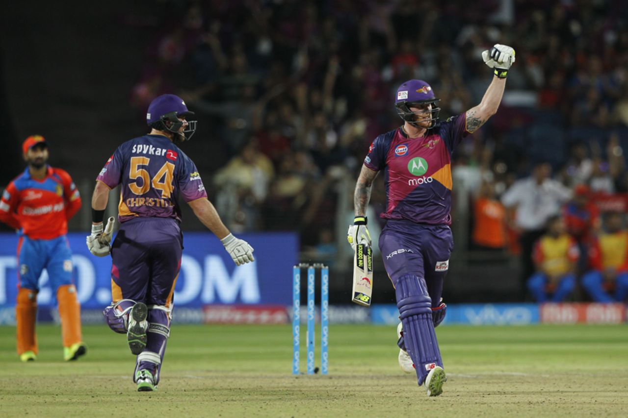 Ben Stokes punches in the air after Dan Christian sealed the win with a six, Rising Pune Supergiant v Gujarat Lions, IPL 2017, Pune, May 1, 2017