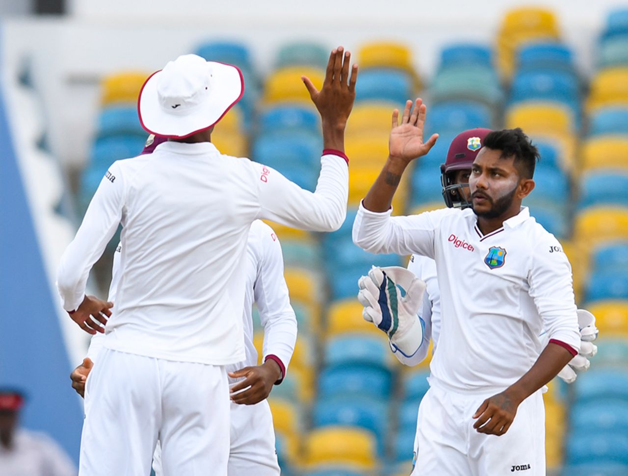Devendra Bishoo picked up two of the three Pakistan wickets in the final session, West Indies v Pakistan, 2nd Test, Bridgetown,2nd day, May 1, 2017