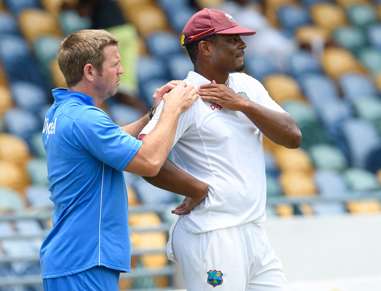 Shannon Gabriel gets some attention from the physio near the boundary, West Indies v Pakistan, 2nd Test, Bridgetown,2nd day, May 1, 2017