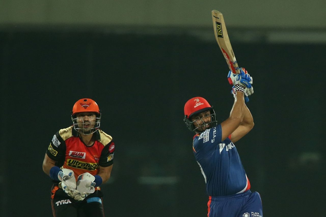 Karun Nair crunches the ball straight over the bowler for a maximum, Delhi Daredevils v Sunrisers Hyderabad, IPL 2017, Delhi, May 2, 2017