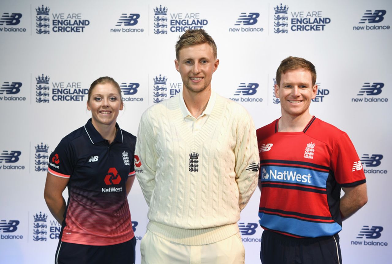 Heather Knight, Joe Root and Eoin Morgan pose at the launch of England's new kits, London, May 2, 2017 