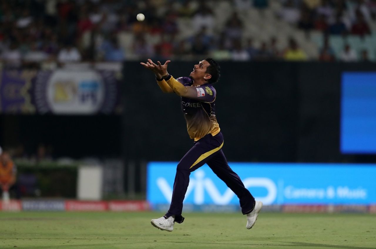 Sunil Narine tracks down a top edge off his own bowling, Kolkata Knight Riders v Rising Pune Supergiant, IPL 2017, Kolkata, May 3, 2017