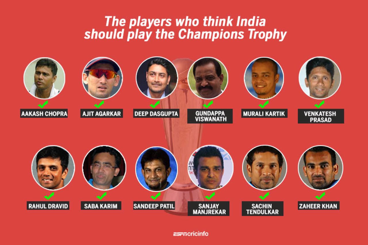 Twelve former India players think India should play the Champions Trophy despite the BCCI-ICC stand-off