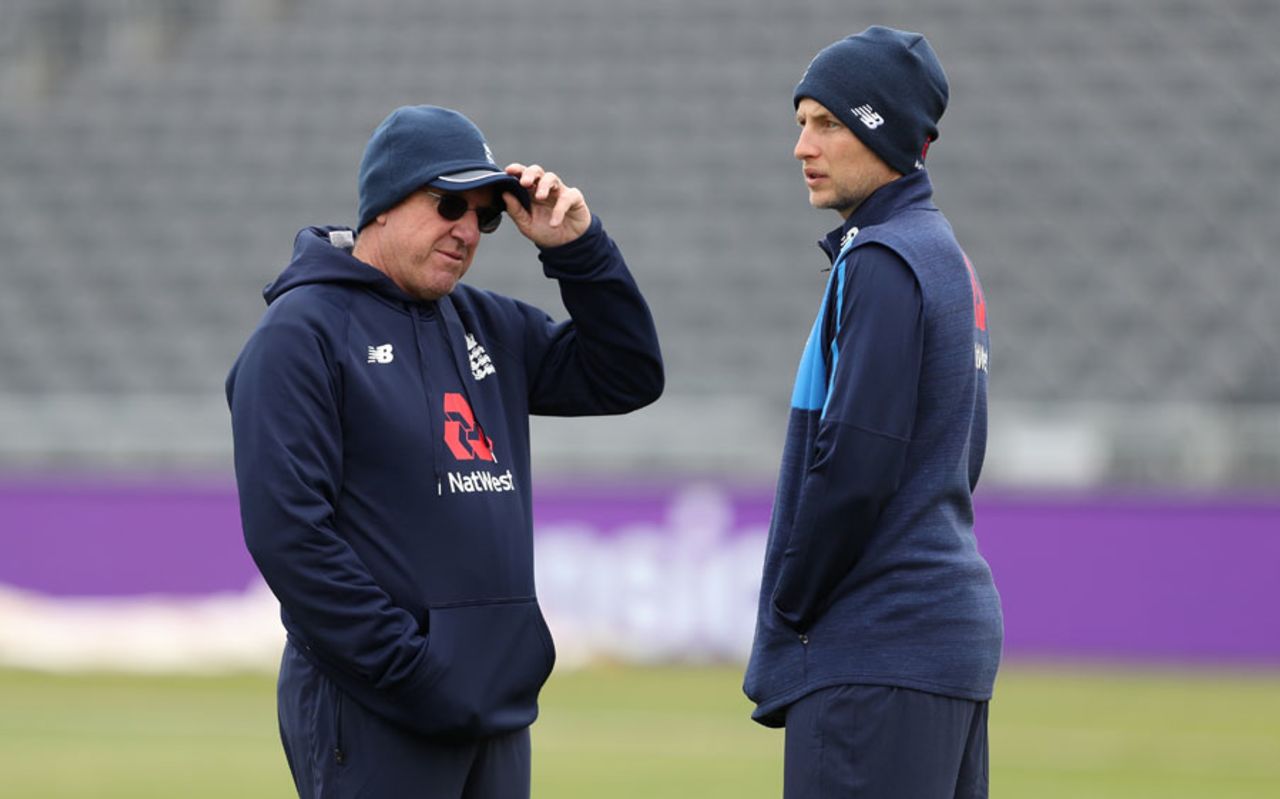 Trevor Bayliss and Joe Root were wrapped up against the cold, Bristol, May 4, 2017