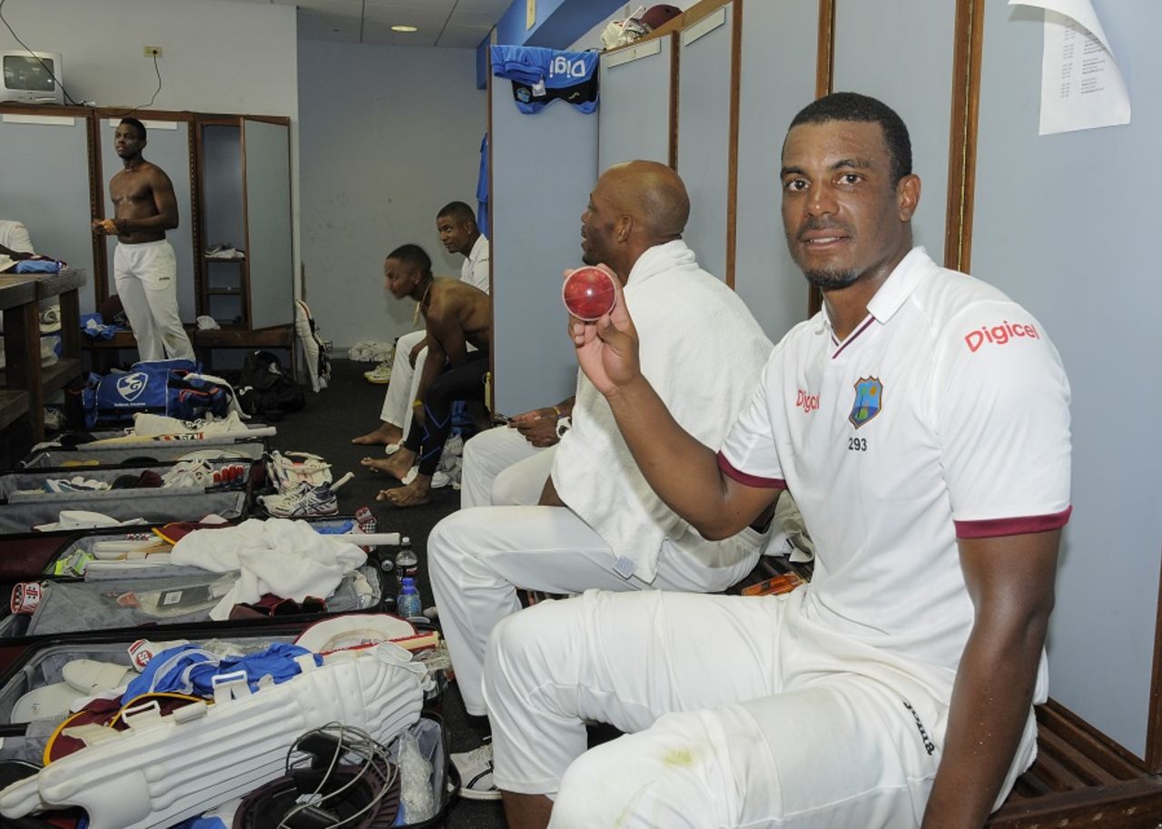 Shannon Gabriel poses with the match ball inside the dressing room, West Indies v Pakistan, 2nd Test, Bridgetown, 5th day, May 4, 2017