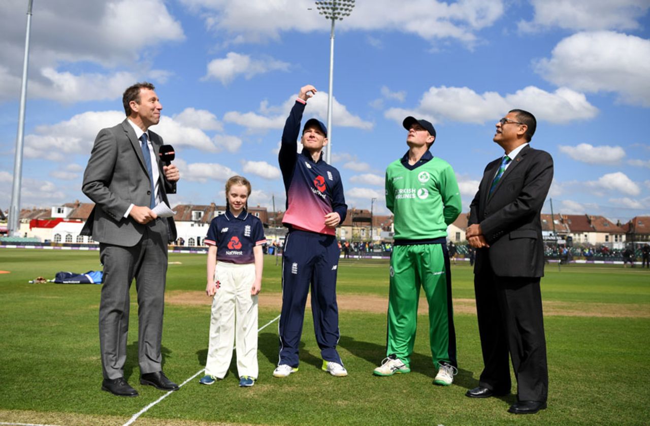 Eoin Morgan tosses the coin as William Porterfield calls, England v Ireland, 1st ODI, Bristol, May 5, 2017