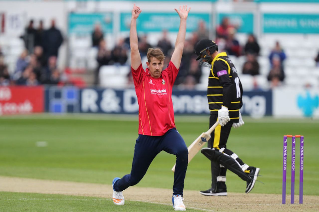 Matt Quinn celebrates the wicket of Gloucestershire's Jack Taylor, Essex v Gloucestershire, Royal London Cup, South Group, Chelmsford, May 4, 2017