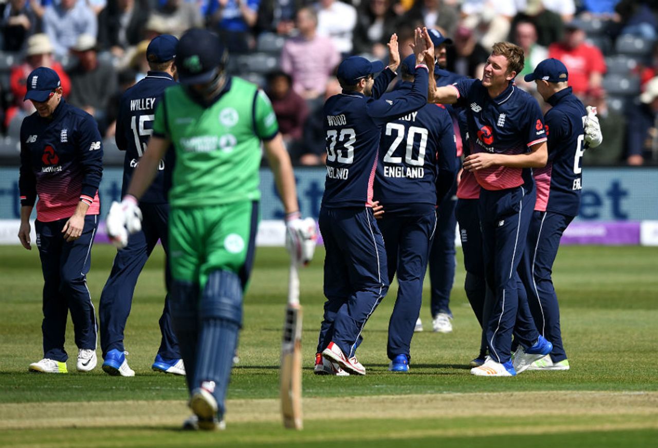 Andy Birbirnie fell to Jake Ball as England took a firm grip on the first ODI, England v Ireland, 1st ODI, Bristol, May 5, 2017