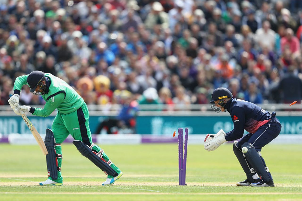 Stuart Thompson is bowled by Adil Rashid as Ireland's slide continues, Will Porterfield, England v Ireland, 1st ODI, Bristol, May 5, 2017