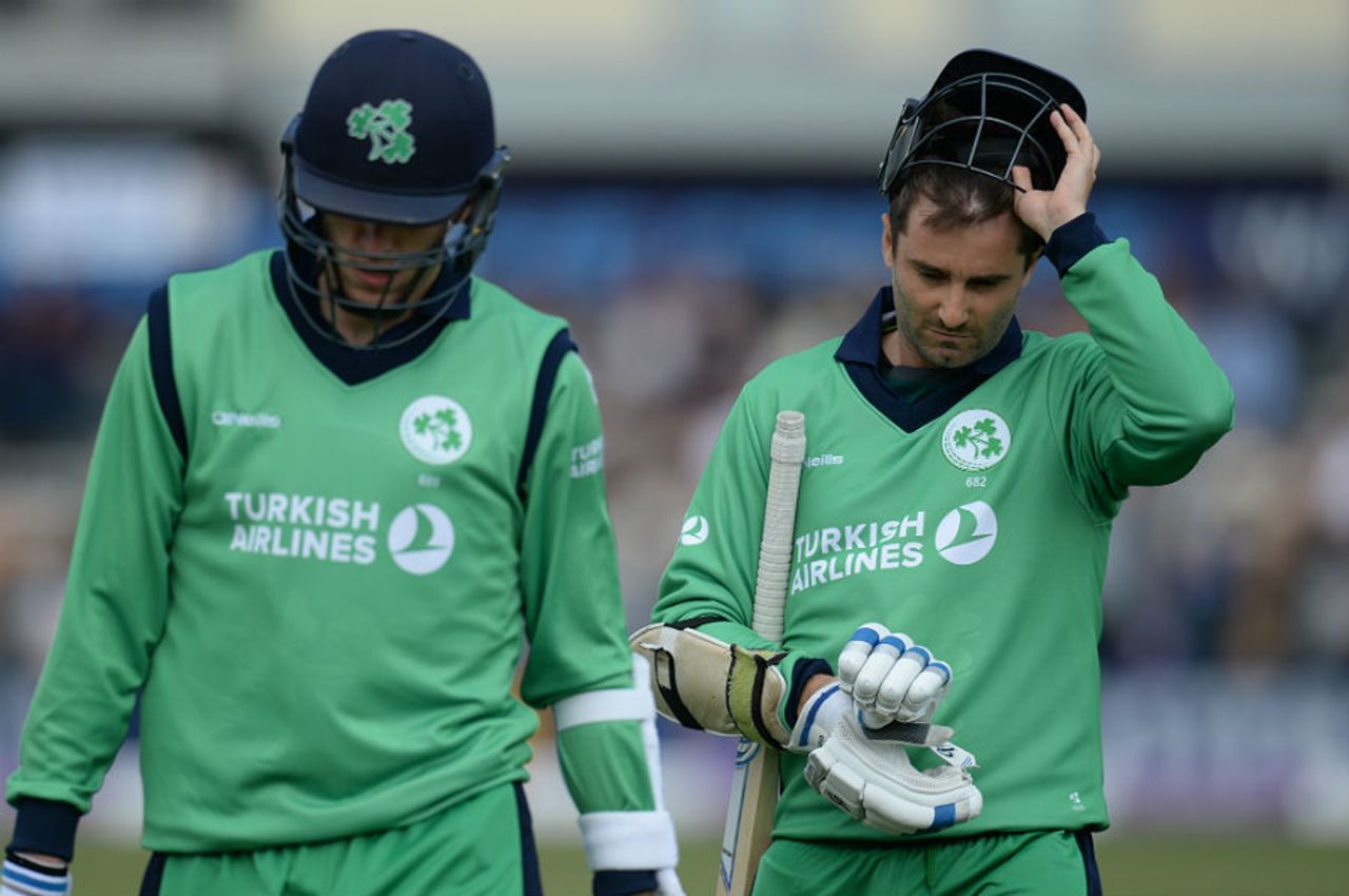 Ireland's Peter Chase and Tim Murtagh leave the field after a disappointing innings, England v Ireland, 1st ODI, Bristol, May 5, 2017