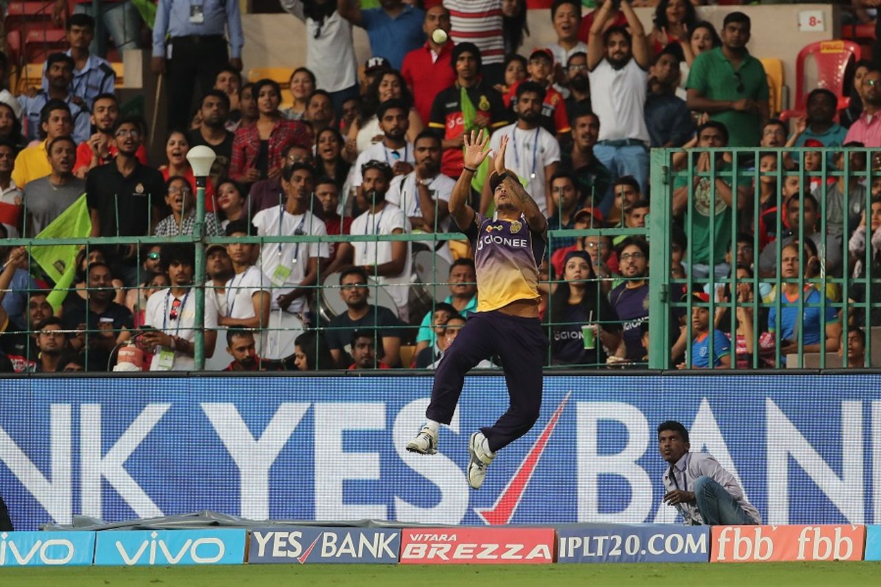 Umesh Yadav timed his jump perfectly to remove Mandeep Singh, Royal Challengers Bangalore v Kolkata Knight Riders, IPL 2017, Bengaluru, May 7, 2017