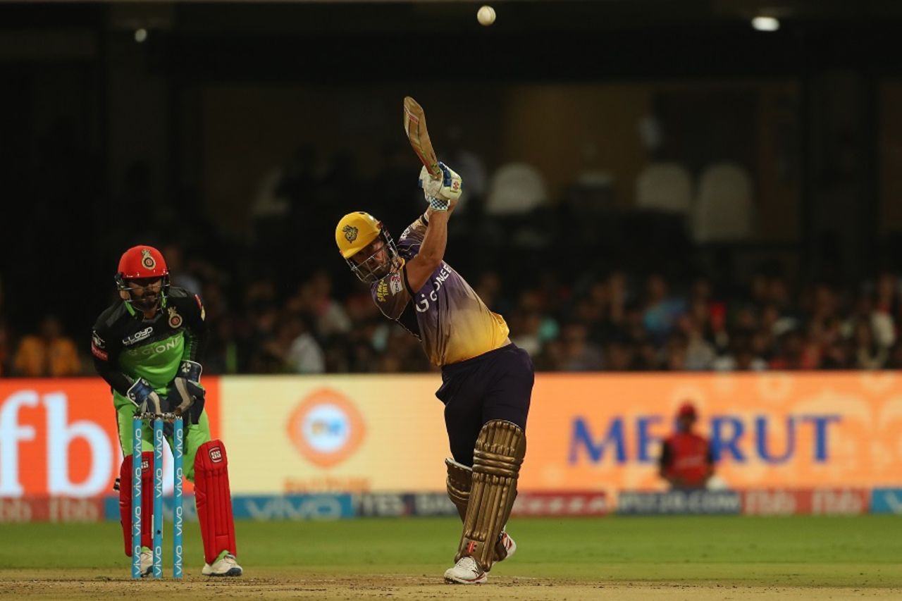 Chris Lynn smashes the ball for a six, Royal Challengers Bangalore v Kolkata Knight Riders, IPL 2017, Bengaluru, May 7, 2017
