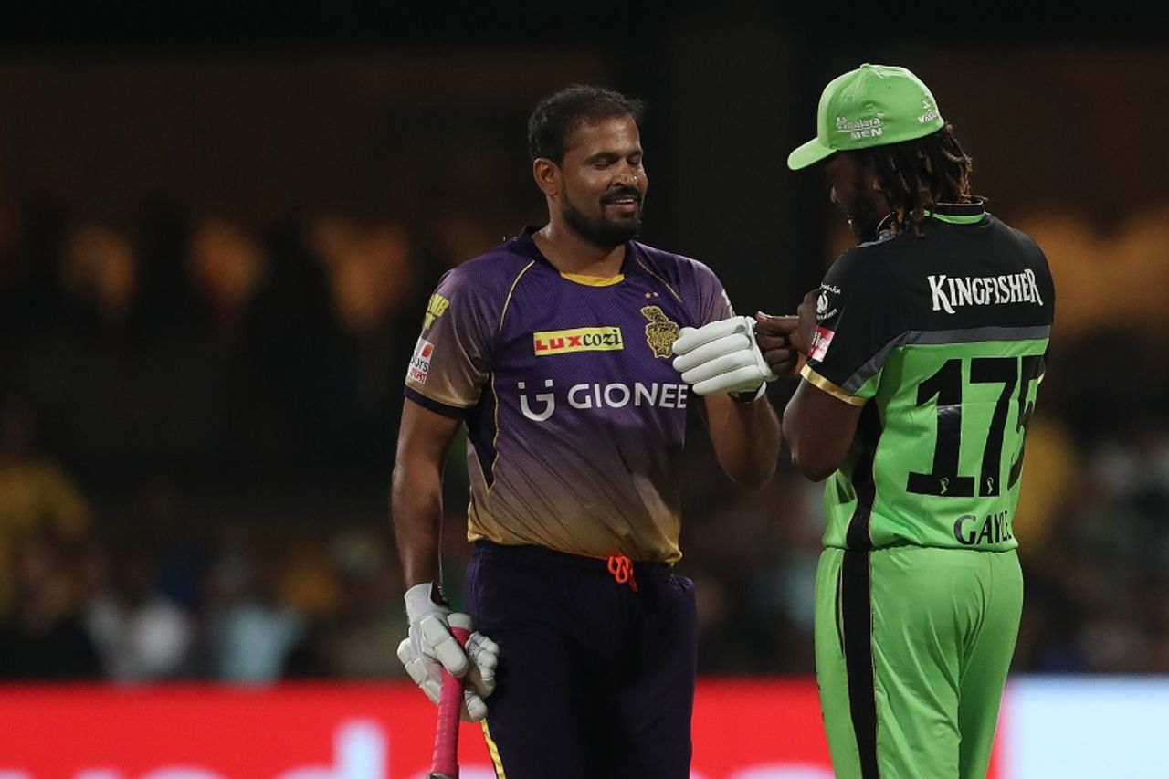 Yusuf Pathan and Chris Gayle share a light moment as the game neared its end, Royal Challengers Bangalore v Kolkata Knight Riders, IPL 2017, Bengaluru, May 7, 2017