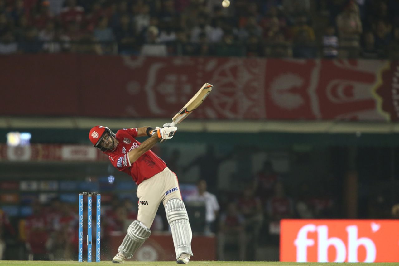 Glenn Maxwell clears his front foot and sends one sailing into the stands, Kings XI Punjab v Gujarat Lions, IPL 2017, Mohali, May 7, 2017