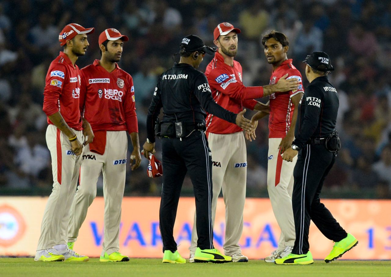 Glenn Maxwell tries to calm Sandeep Sharma down after the umpire made a contentious no-ball call, Kings XI Punjab v Gujarat Lions, IPL 2017, Mohali, May 7, 2017