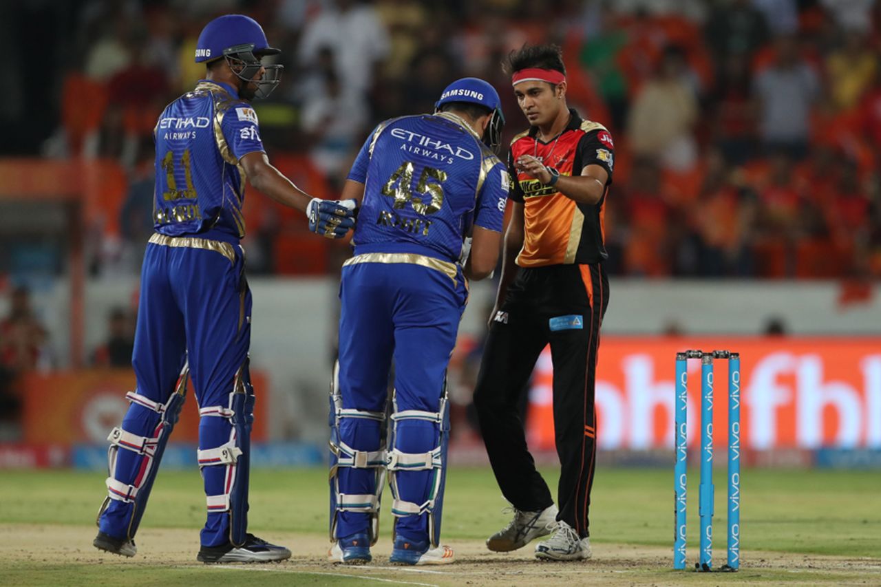 Siddarth Kaul walked up to Rohit Sharma after the latter was struck on the helmet by a bouncer, Sunrisers Hyderabad v Mumbai Indians, IPL 2017, Hyderabad, May 8, 2017