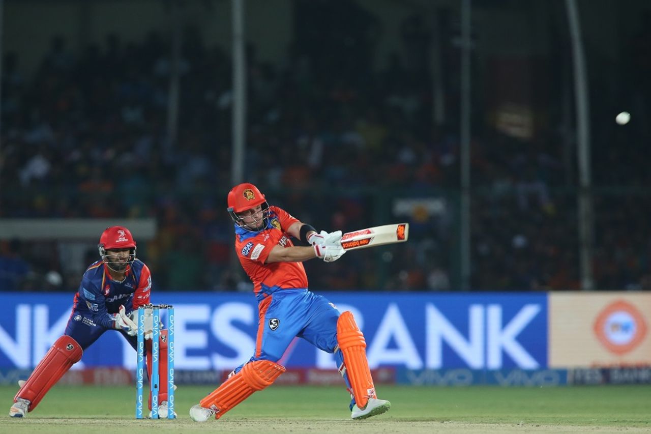 Aaron Finch punishes a loose ball for a six, Gujarat Lions v Delhi Daredevils, IPL 2017, Kanpur, May 10, 2017