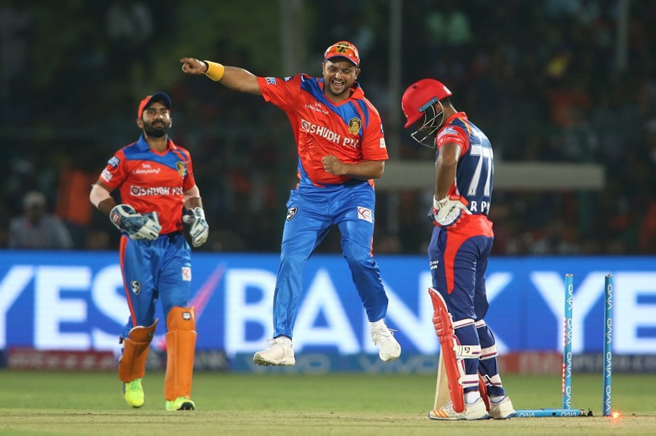 Suresh Raina was ecstatic after his direct-hit found Rishabh Pant short of the crease, Gujarat Lions v Delhi Daredevils, IPL 2017, Kanpur, May 10, 2017
