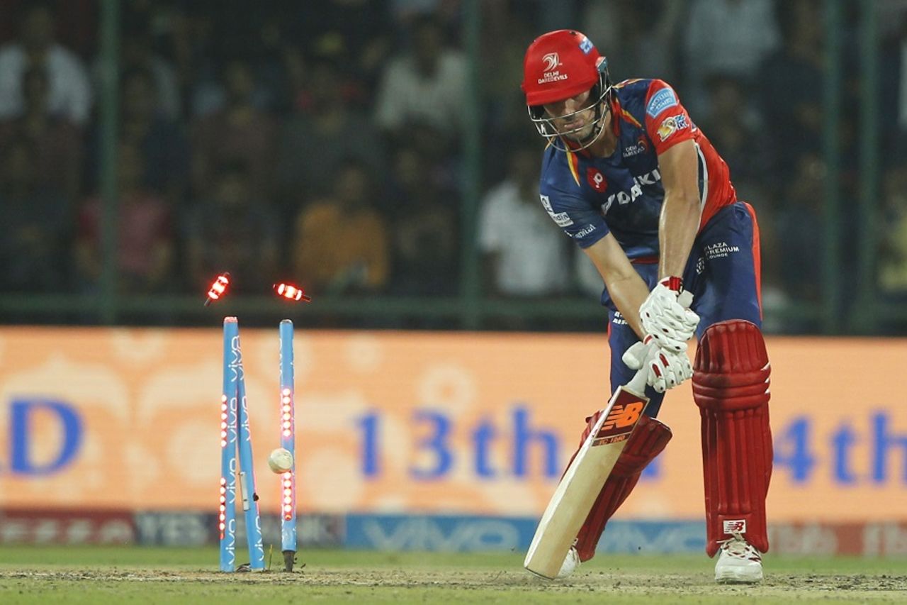 Pat Cummins was cleaned up by a searing yorker, Delhi Daredevils v Rising Pune Supergiant, IPL 2017, Delhi, May 12, 2017