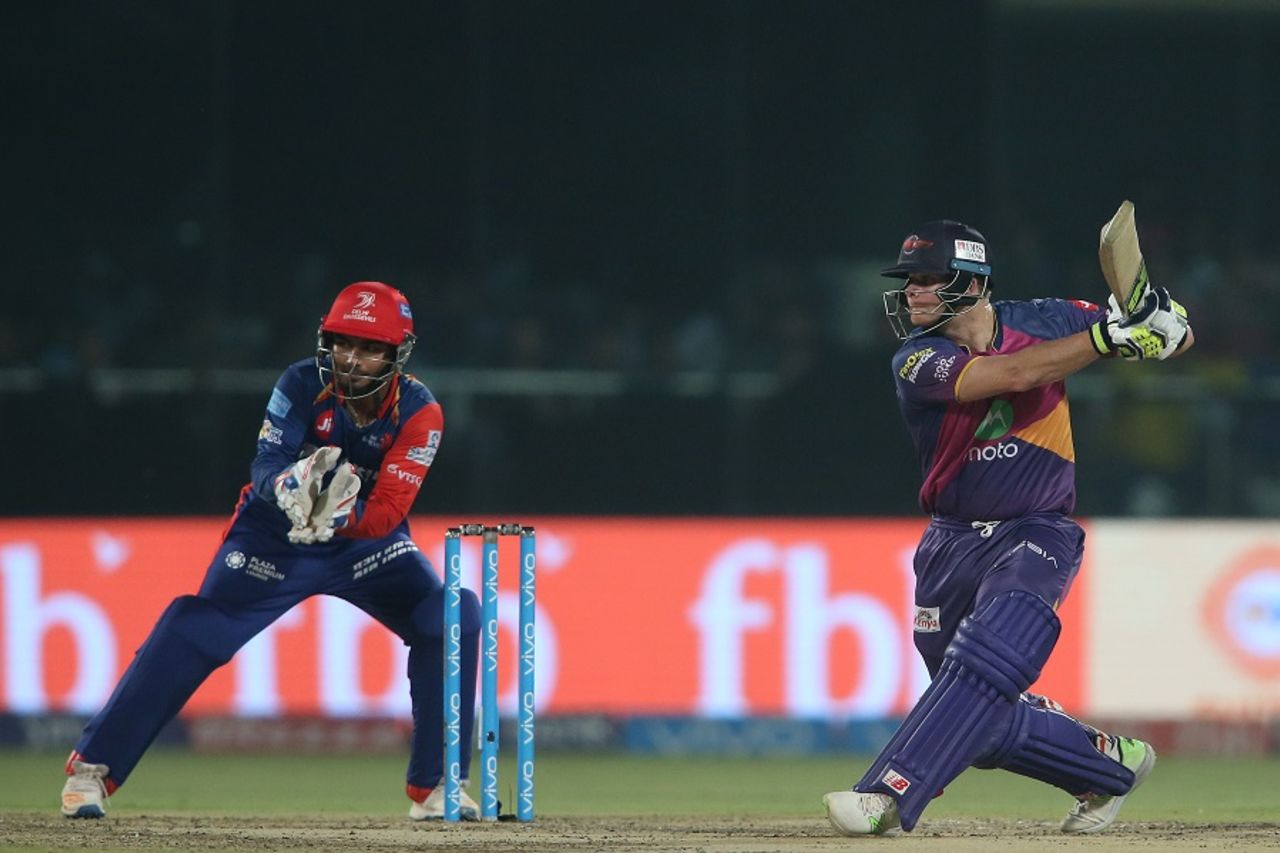 Steven Smith backs away a mile to play through the off side, Delhi Daredevils v Rising Pune Supergiant, IPL 2017, Delhi, May 12, 2017
