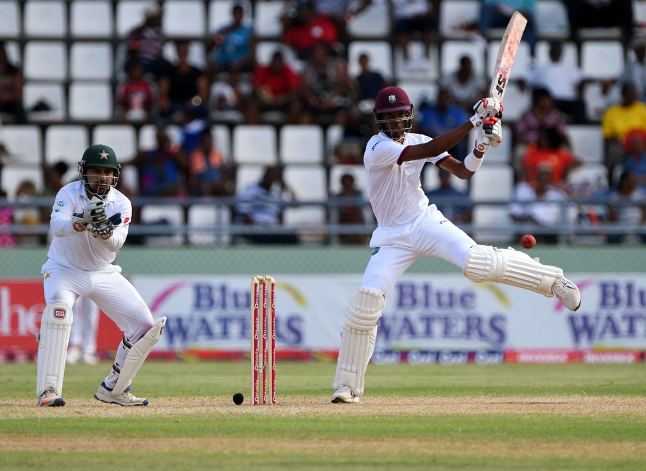 Roston Chase displays unorthodox footwork while slapping one through the off side, 3rd Test, Roseau, 3rd day, May 12, 2017