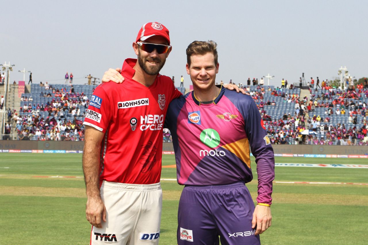 Glenn Maxwell and Steven Smith share a moment ahead of the start of play, Rising Pune Supergiant v Kings XI Punjab, IPL 2017, Pune, May 14, 2017