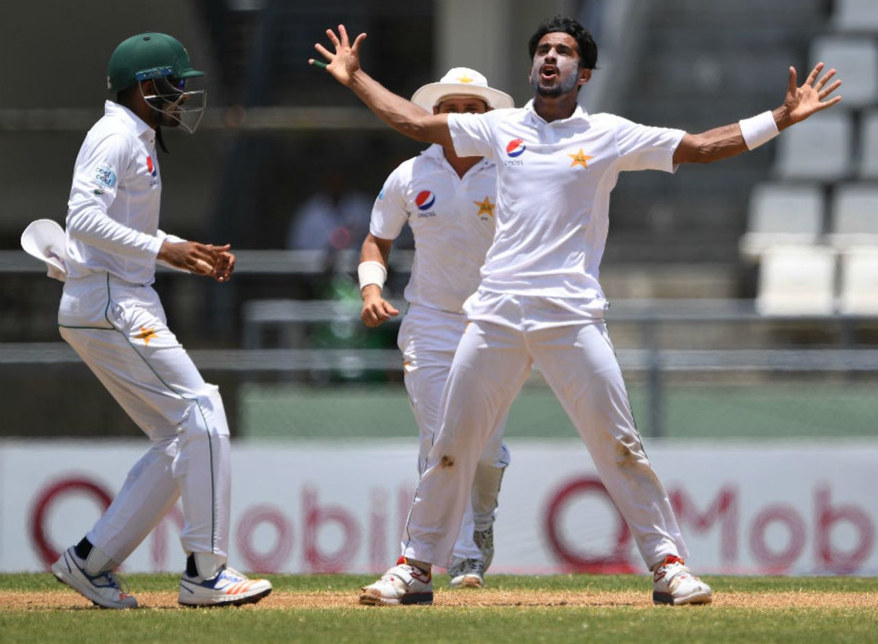 Hasan Ali exults after picking up his first Test wicket with a toe-crusher, West Indies v Pakistan, 3rd Test, Dominica, 5th day, May 14, 2017