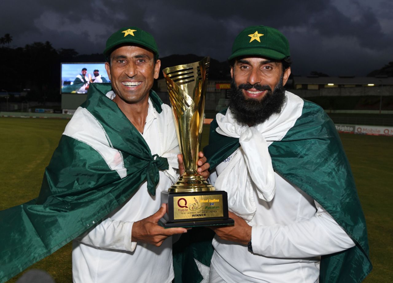Younis Khan and Misbah-ul-Haq pose with the series trophy, West Indies v Pakistan, 3rd Test, Dominica, 5th day, May 14, 2017
