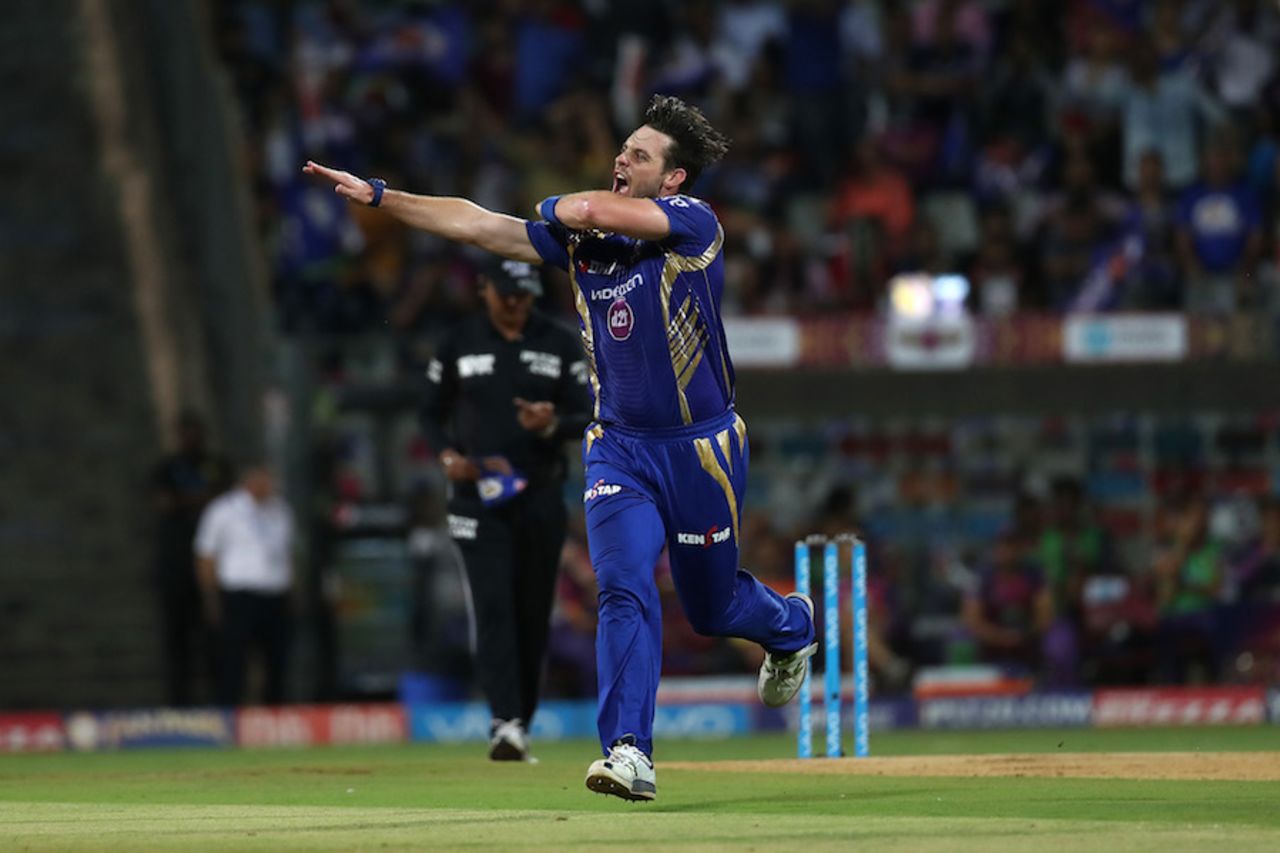 Mitchell McClenaghan bowled Rahul Tripathi in the first over, Mumbai Indians v Rising Pune Supergiant, Qualifier 1, IPL, Mumbai, May 16, 2017