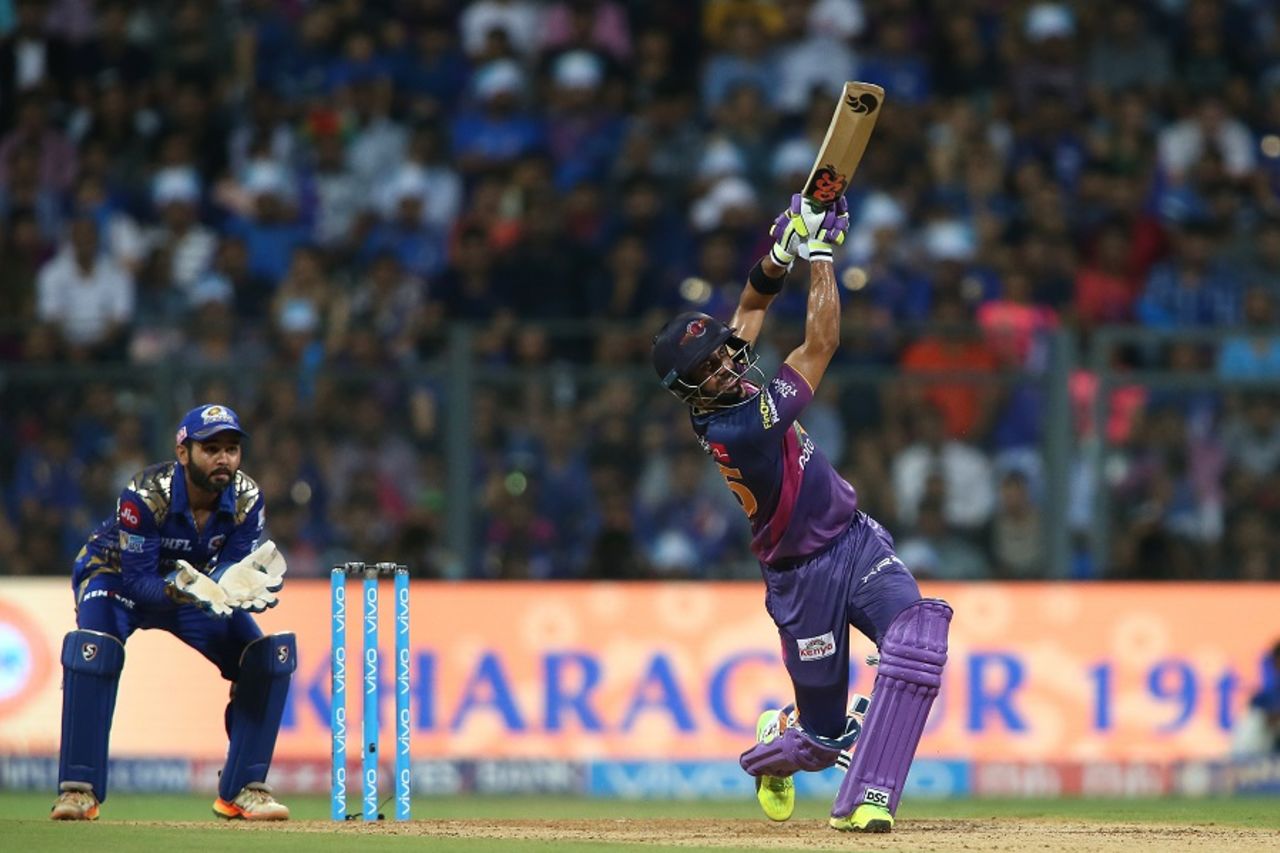 Manoj Tiwary holds his shot after lofting the ball for a six, Mumbai Indians v Rising Pune Supergiant, Qualifier 1, IPL, Mumbai, May 16, 2017 