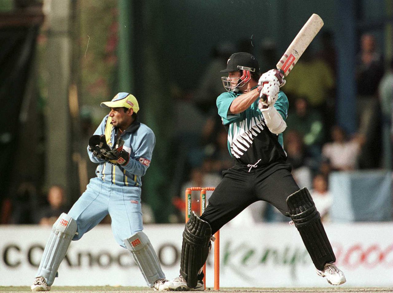 Chris Cairns plays a full-blooded cut shot, India v New Zealand, ICC Knockout final, Nairobi, October 15, 2000