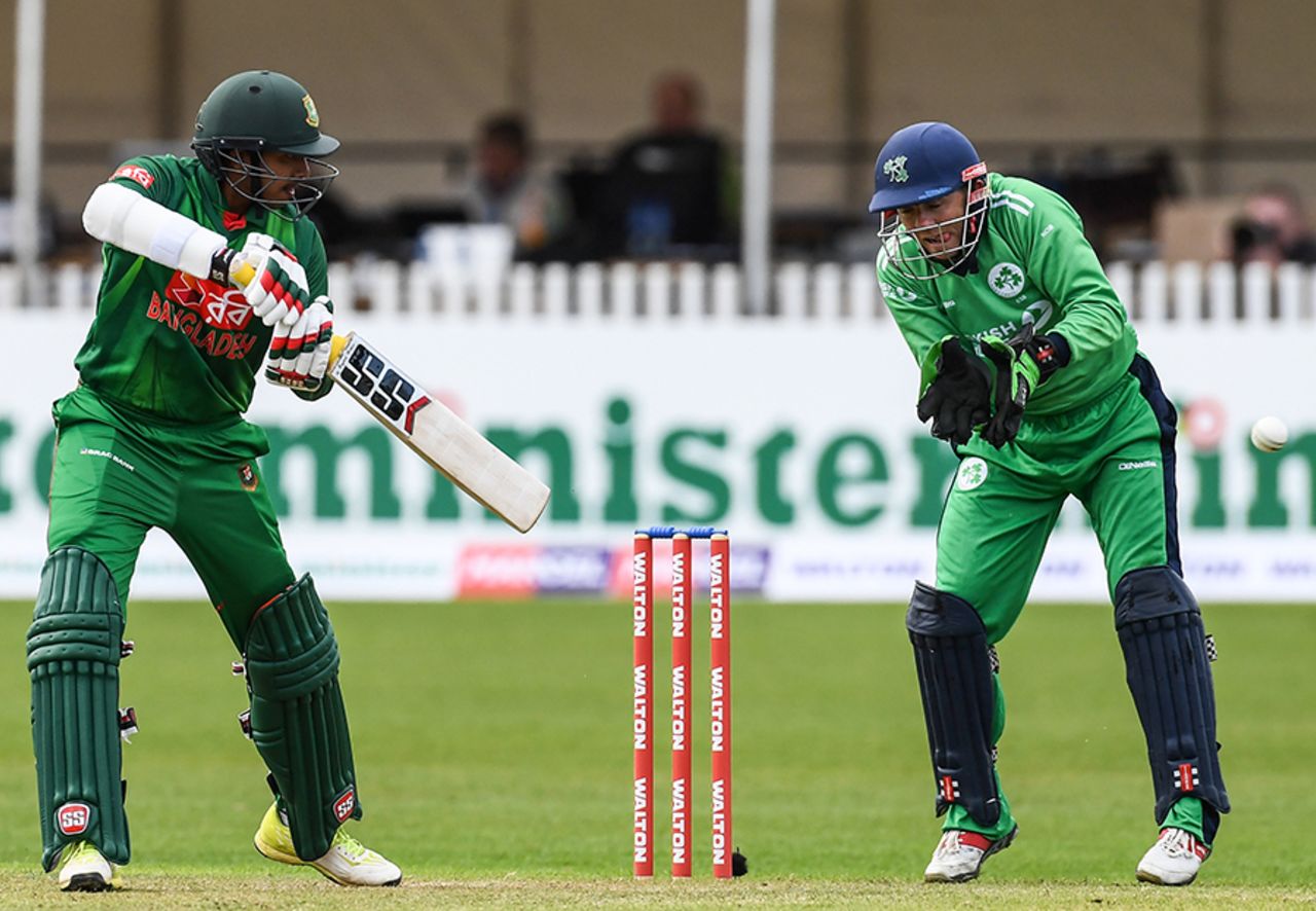 Soumya Sarkar dabs the ball past Ireland wicketkeeper Niall O'Brien, Ireland v Bangladesh, Tri-nation series, Malahide, May 19, 2017