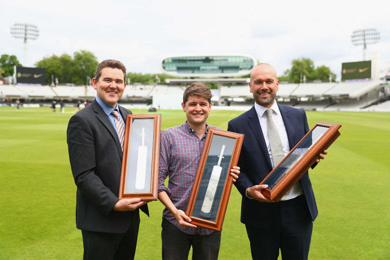 Andrew Miller, ESPNcricinfo's UK editor, accepts the ECB Online County Coverage award, alongside Will Macpherson (CMJ Young County Writer of the Year), and Alex Narey (editor, The Cricket Paper)